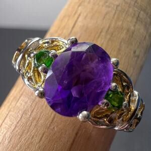 Amethyst and chrome diopside two toned sterling silver ring size 9